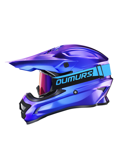 Oumurs 805 Chameleon Purple motocross helmet in purple-to-blue color-shift finish with matching goggles, left side view