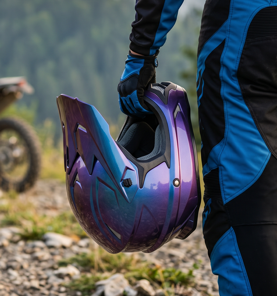 A rider holds the Oumurs 805 Chameleon Purple off-road helmet in one hand while walking on a rocky trail.