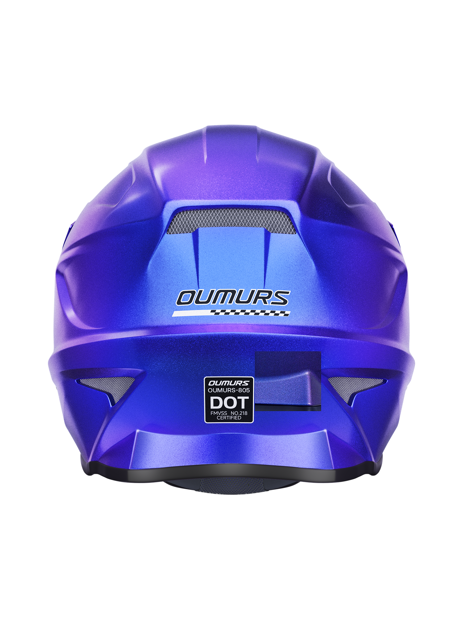 Oumurs 805 Chameleon Purple off-road helmet shown from the rear, featuring the brand name and DOT FMVSS 218 certification label.