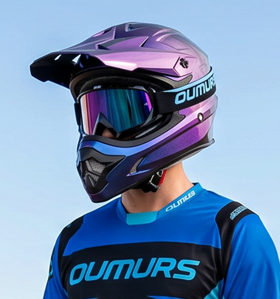 A rider wearing an Oumurs 805 Chameleon Purple off-road helmet with UV-protective goggles.