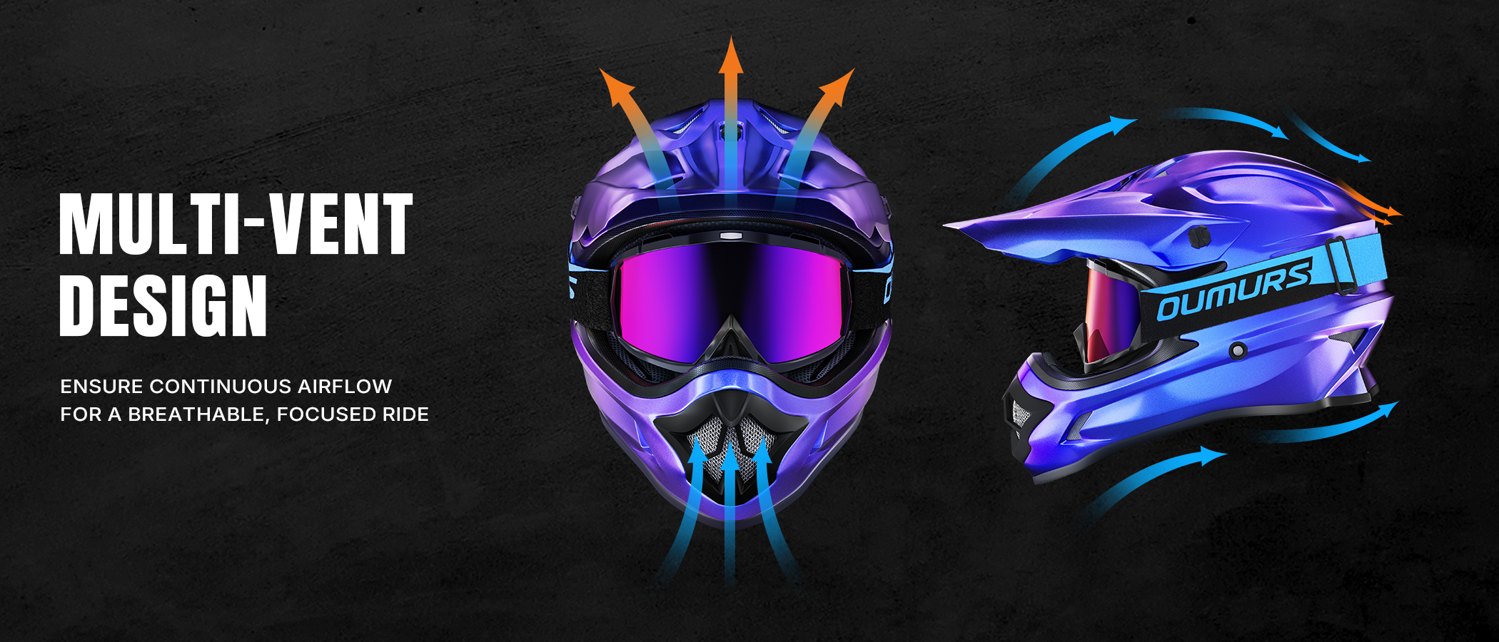 Front and side view of the Oumurs 805 Chameleon Purple off-road helmet showing multi-vent design, with arrows indicating airflow entering through the front and top vents and exiting the rear vent