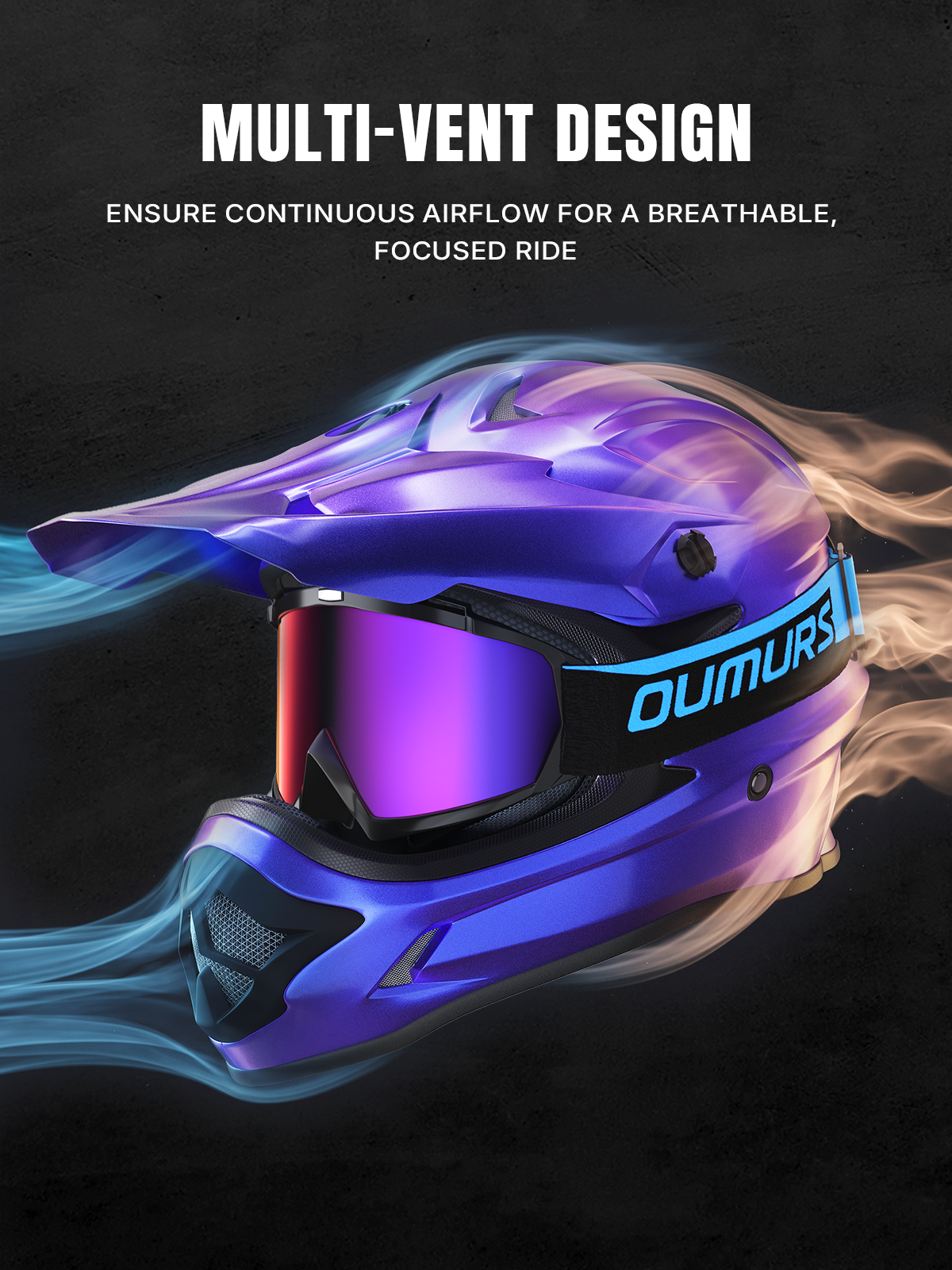 Oumurs 805 Chameleon Purple off-road helmet with goggles featuring multi-vent airflow design showing fresh, cool air intake and stale air exhaust.