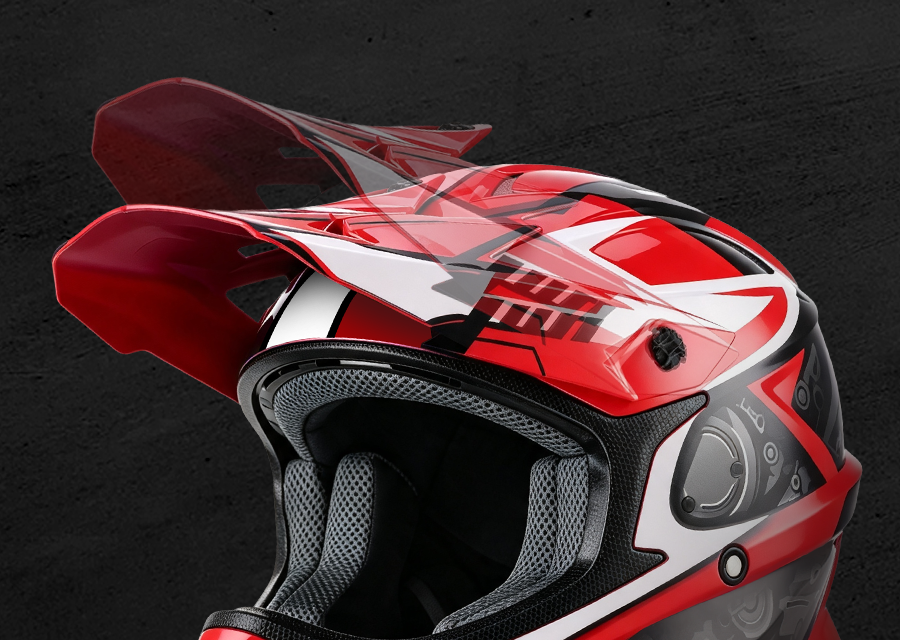 Close-up of the Oumurs 805 Engine Red off-road helmet's adjustable peak lifted at an different angle.