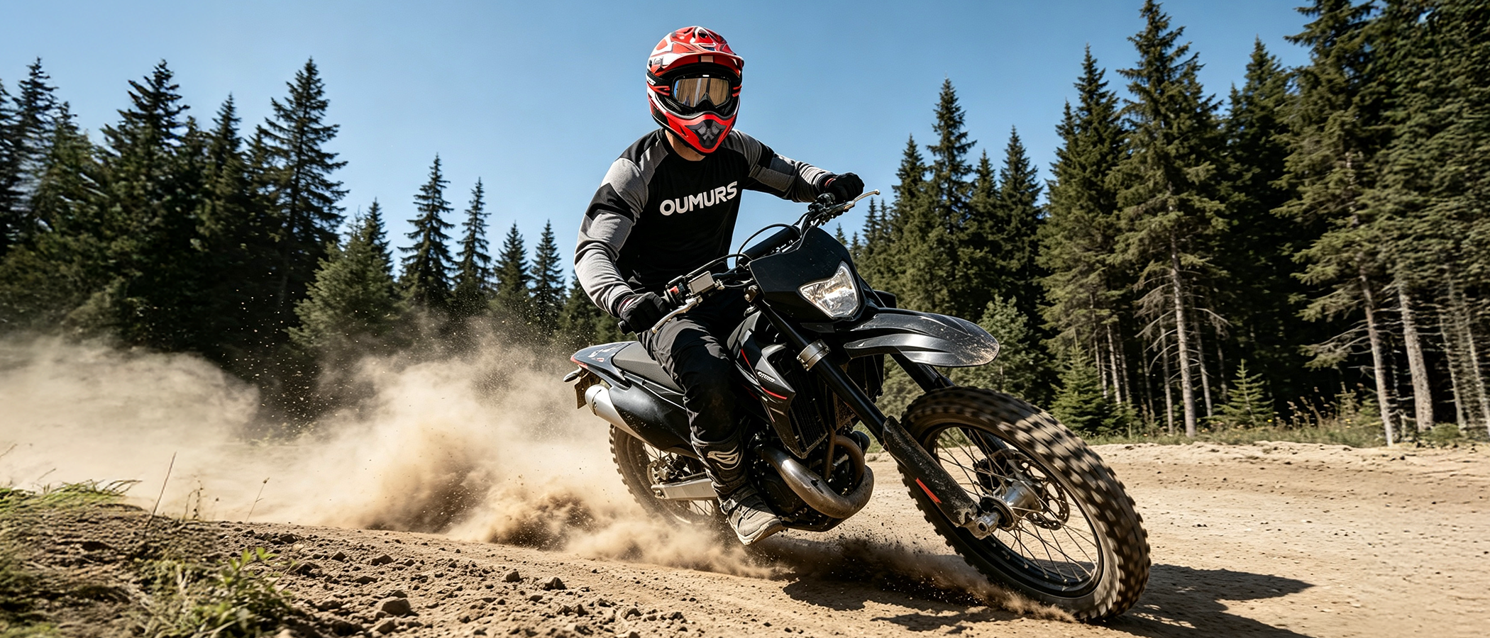 A rider wearing an Oumurs 805 Engine Red off-road helmet maneuvers a dirt bike kicking up dust on a forest trail.
