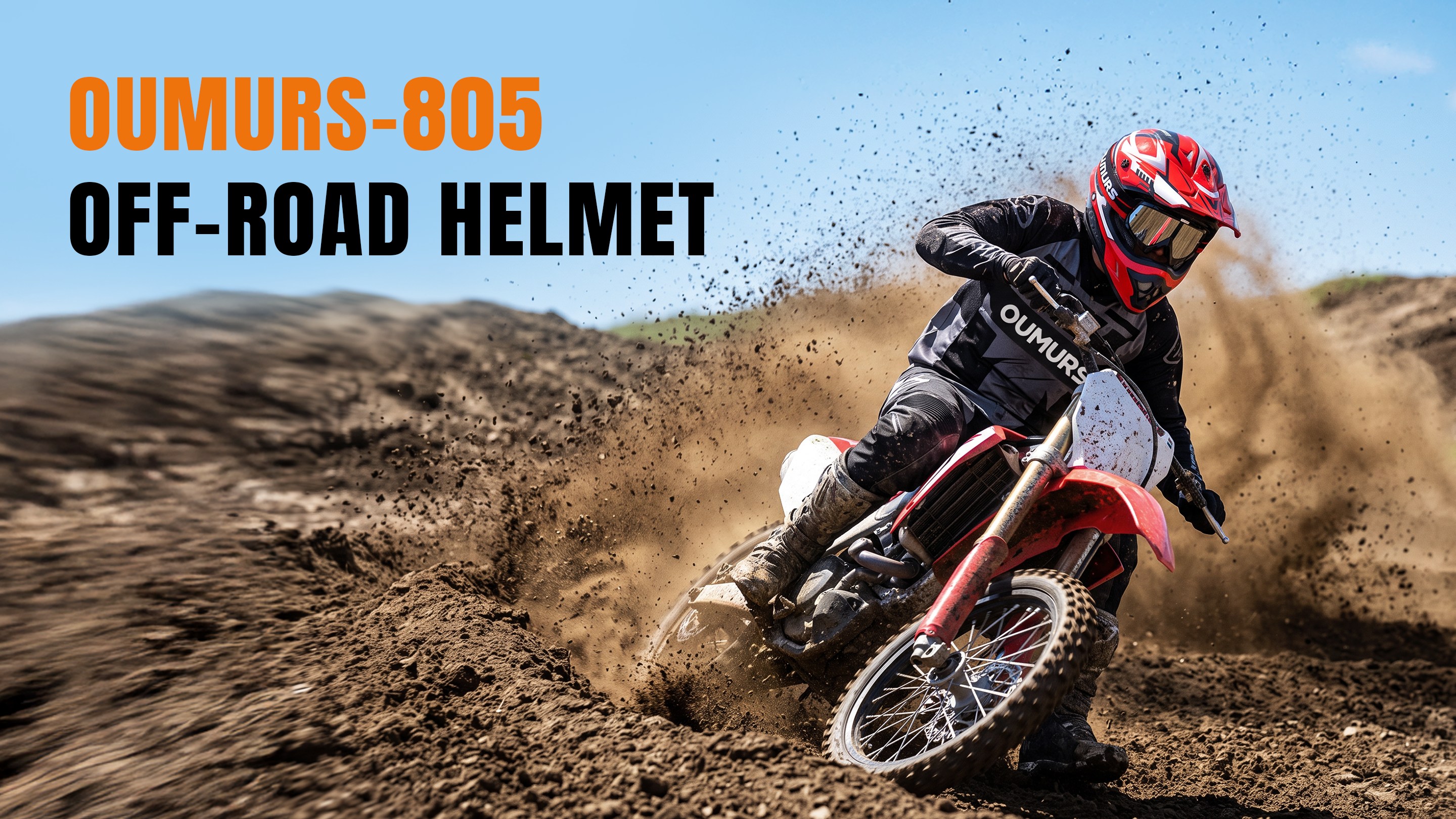 A motocross rider wearing an Oumurs 805 Engine Red off-road helmet leans sharply and kicks up dirt on a dirt bike around a track.