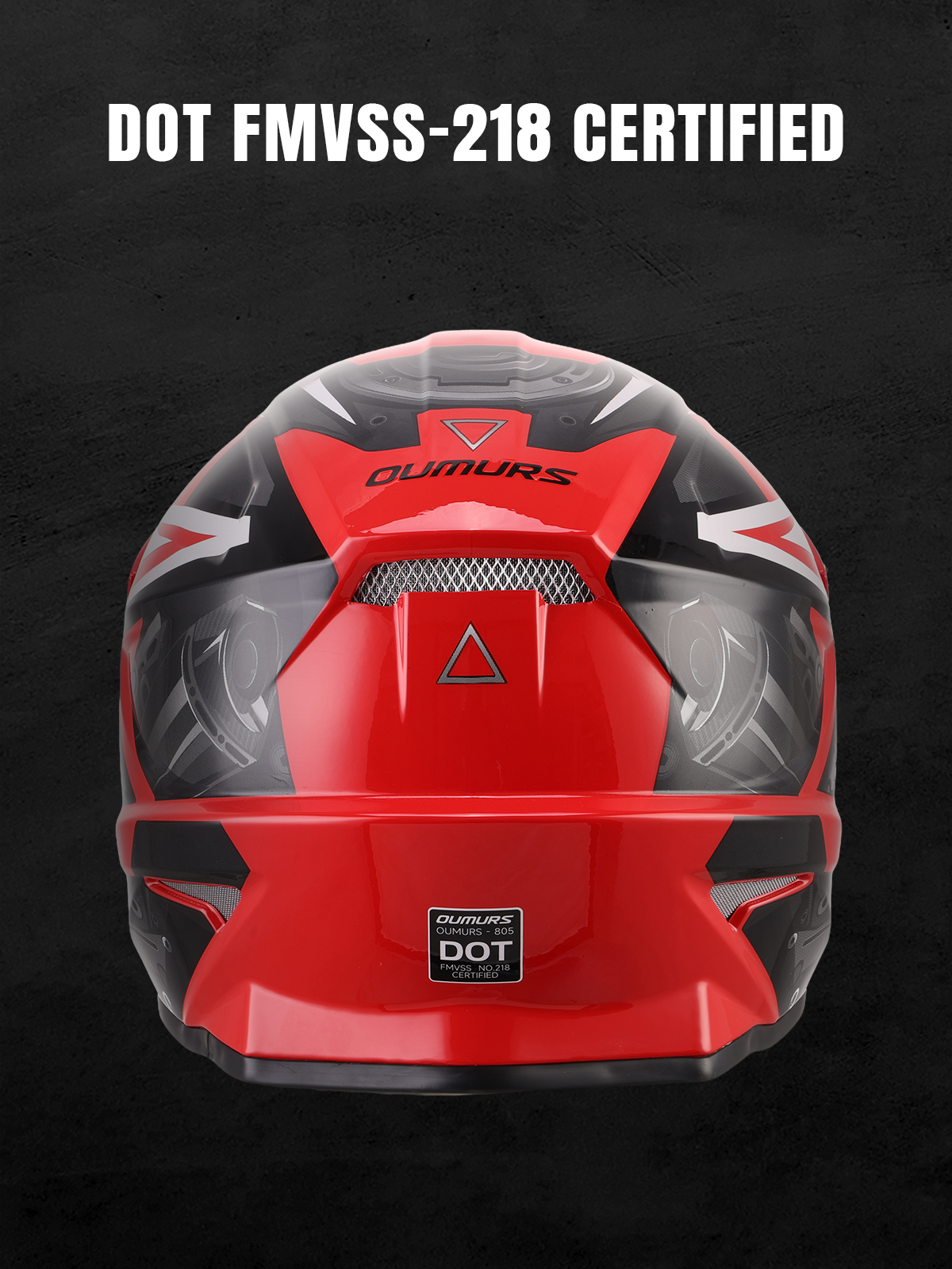 Oumurs 805 Engine Red off-road helmet shown from the rear, featuring the brand name and DOT FMVSS 218 certification label.