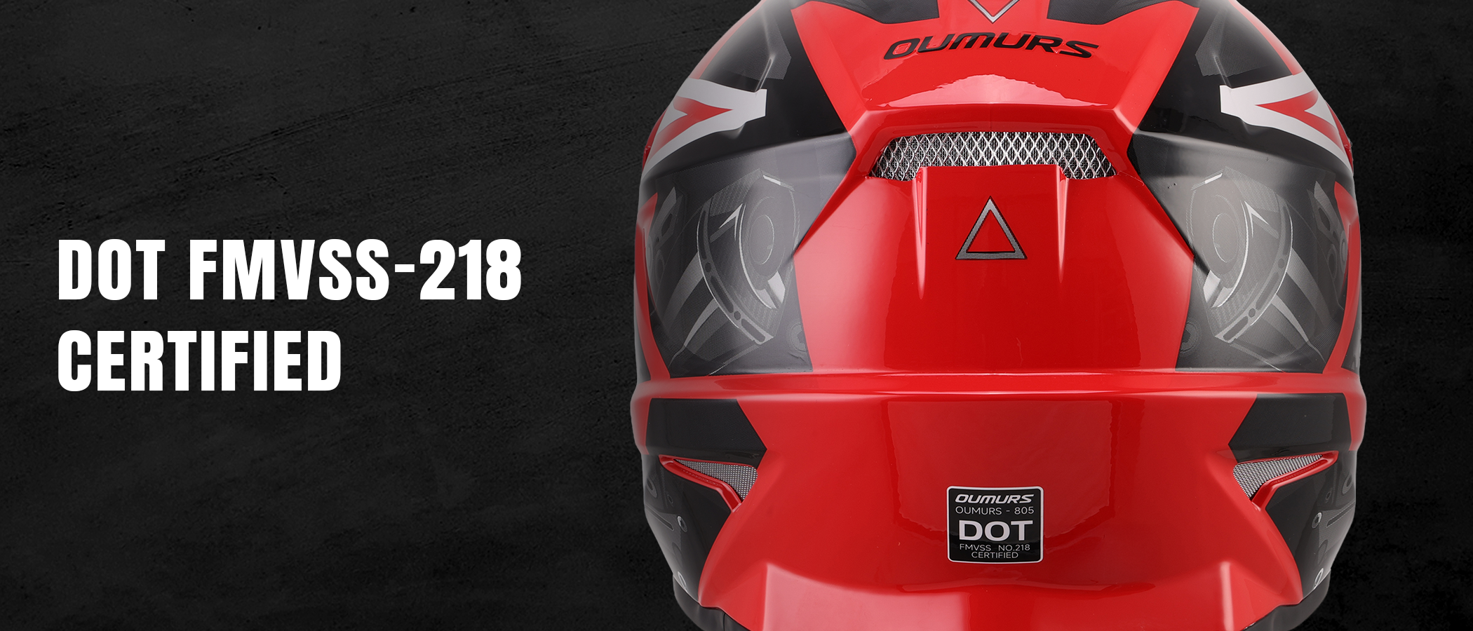 Oumurs 805 Engine Red off-road helmet shown from the rear, featuring the brand name and DOT FMVSS 218 certification label.