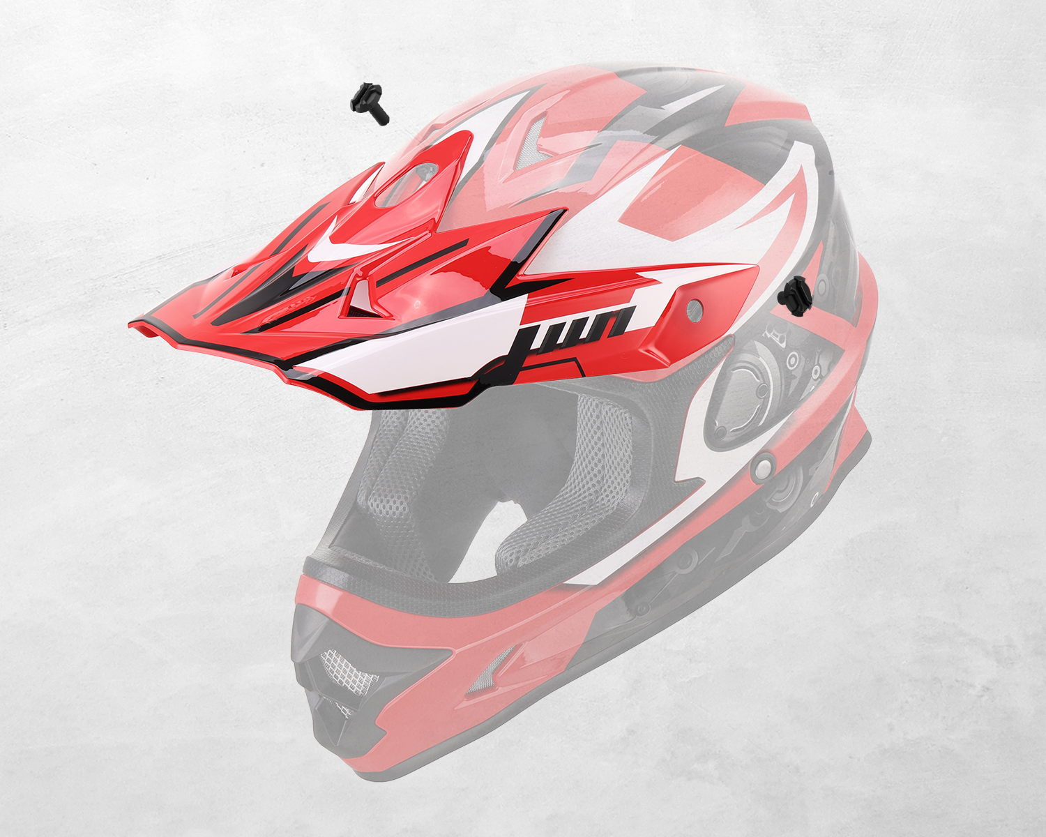 The Oumurs 805 Engined Red off-road helmet's peak shown detached with mounting screws.