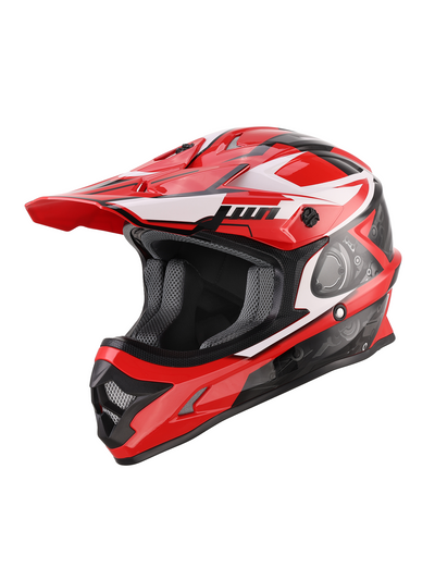 Oumurs 805 Engine Red motocross helmet, left front three-quarter view