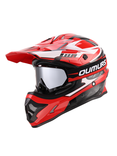 Oumurs 805 Engine Red motocross helmet with matching goggles, left front three-quarter view