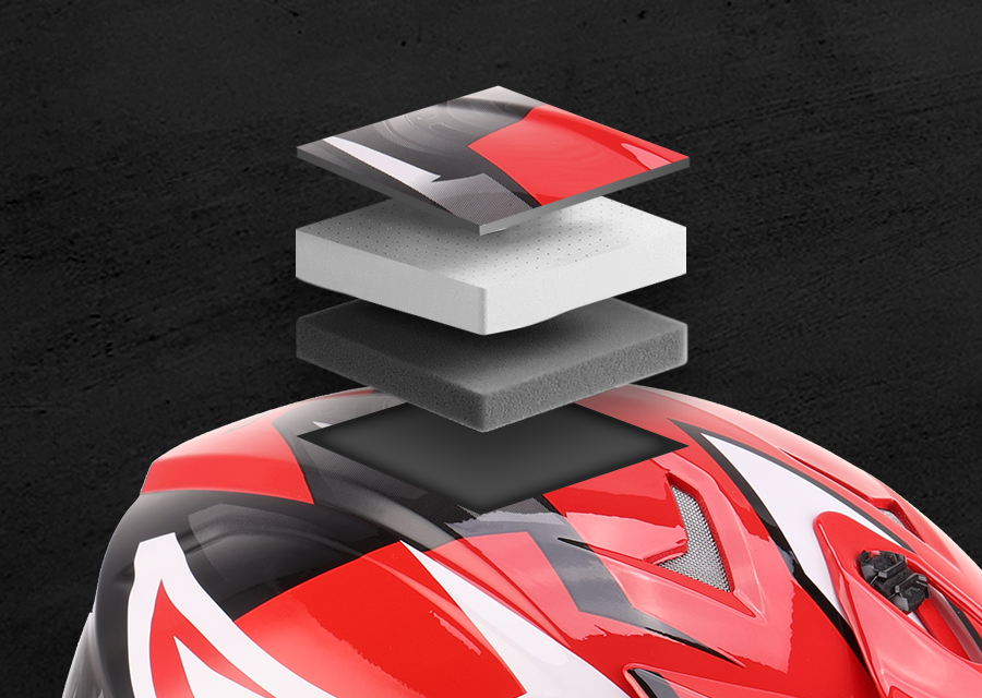 Exploded view of the Oumurs 805 Engine Red off-road helmet's layers: ABS hard shell, EPS buffer layer, and comfort cushioning lining.