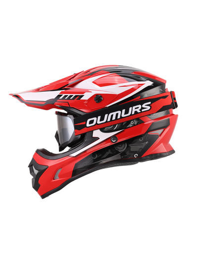 Oumurs 805 Engine Red motocross helmet with matching goggles, left side view