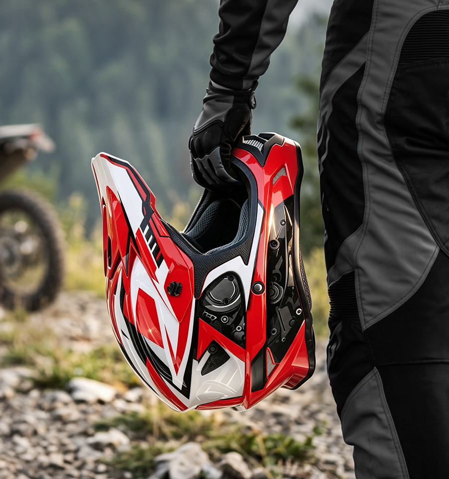 A rider holds the Oumurs 805 Engine Red off-road helmet in one hand while walking on a rocky trail.