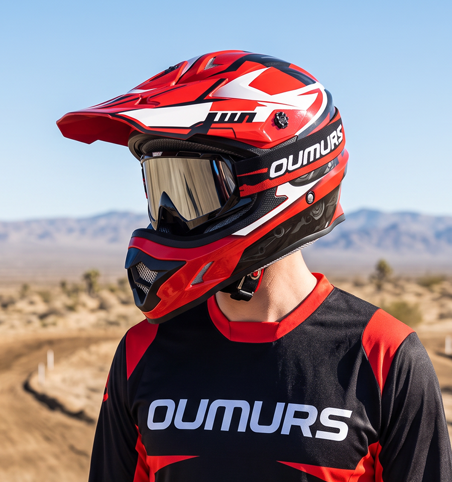 A rider wearing an Oumurs 805 Engine Red off-road helmet with UV-protective goggles.