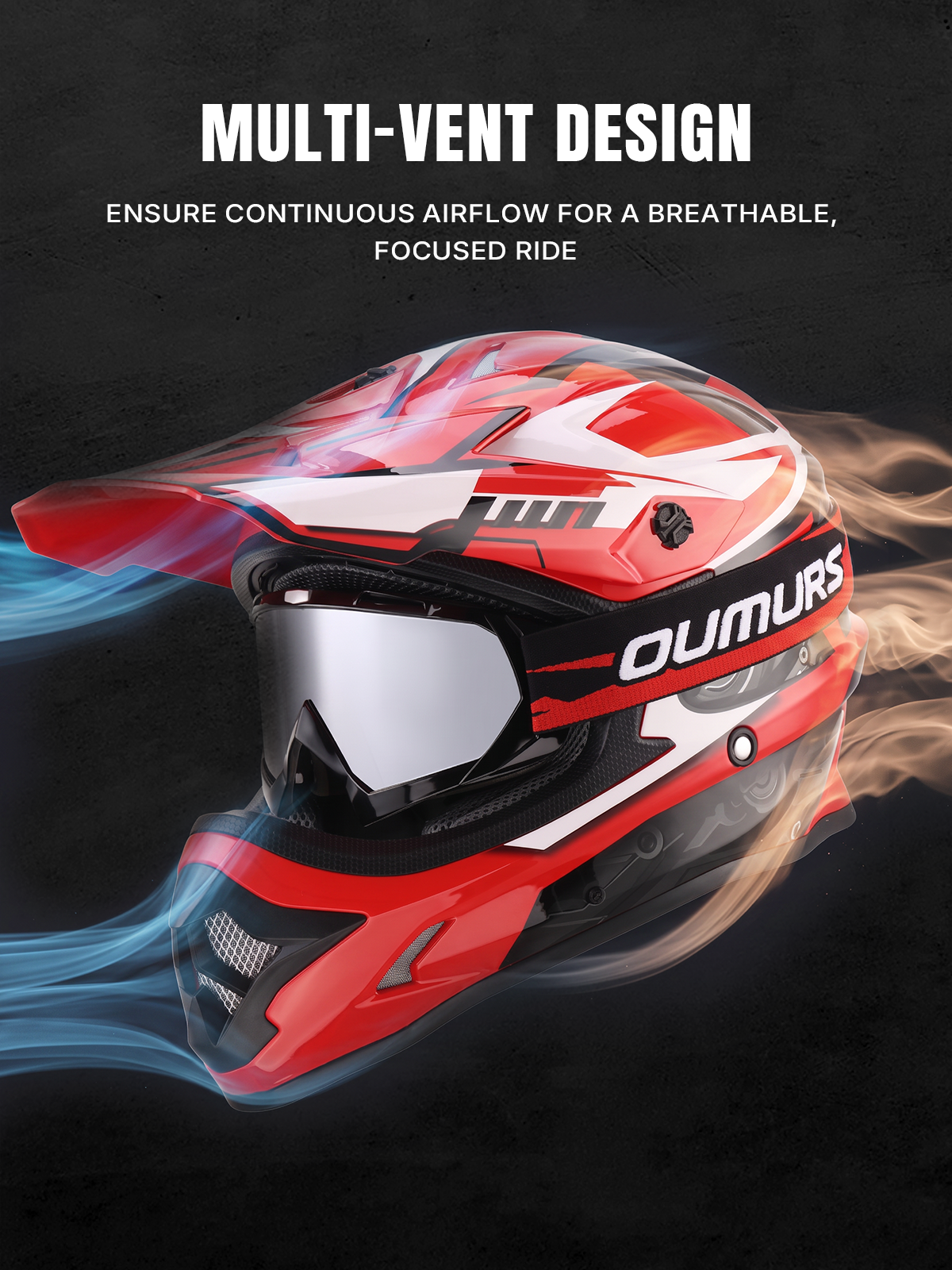 Oumurs 805 Engine Red off-road helmet with goggles featuring multi-vent airflow design showing fresh, cool air intake and stale air exhaust.