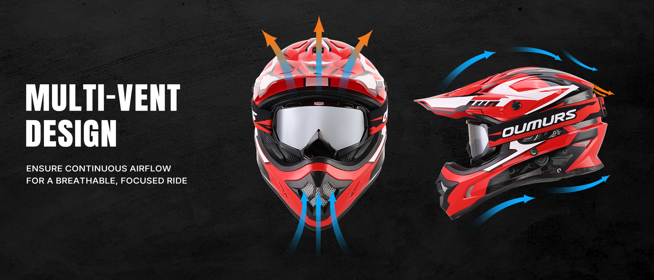 Front and side view of the Oumurs 805 Engine Red off-road helmet showing multi-vent design, with arrows indicating airflow entering through the front and top vents and exiting the rear vent