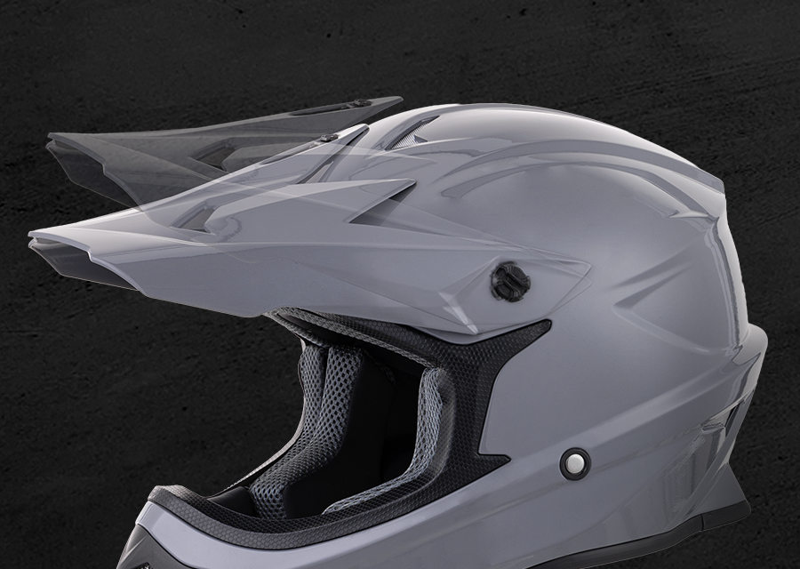 Close-up of the Oumurs 805 Gray off-road helmet's adjustable peak lifted at an different angle.