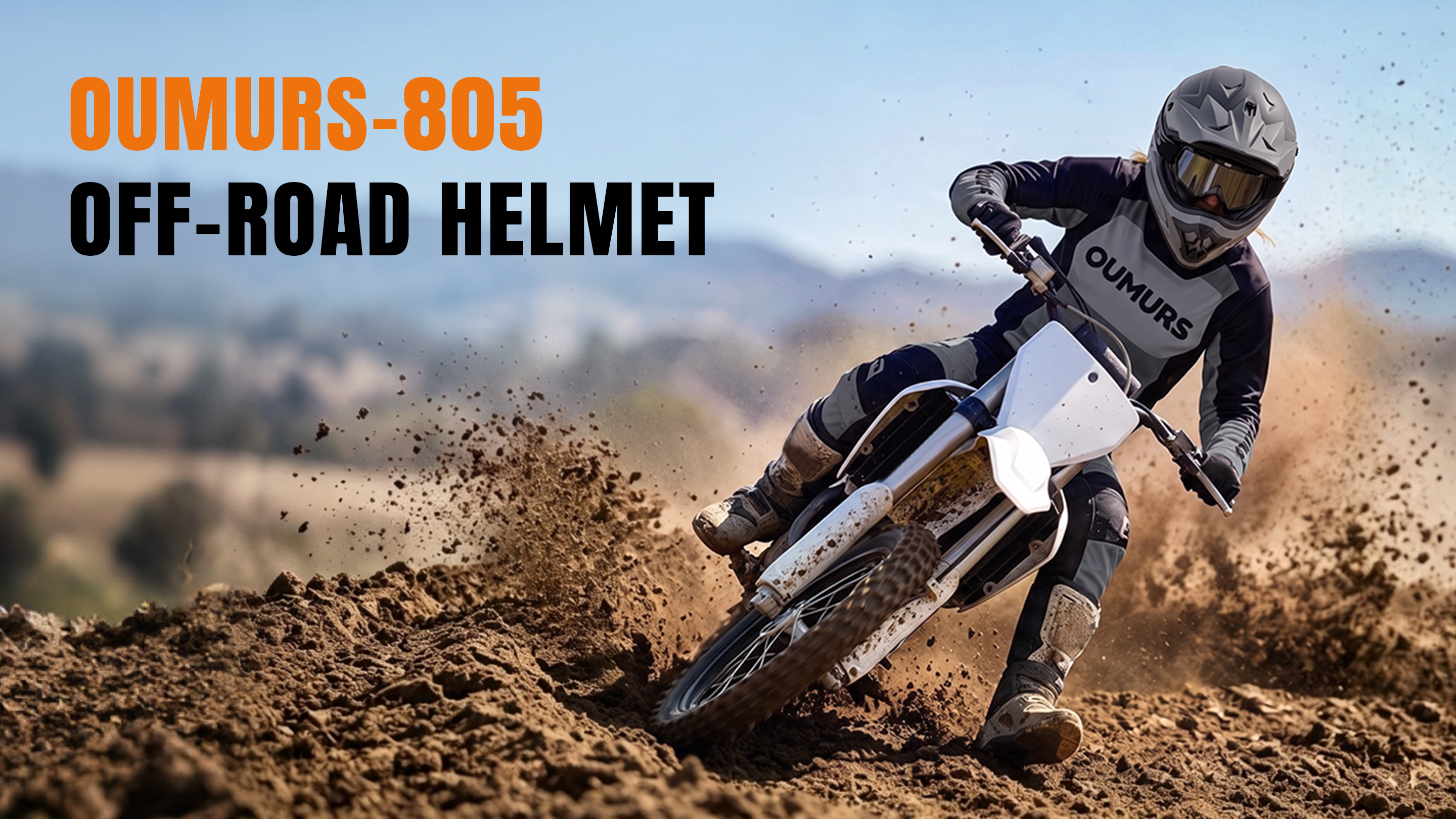 A motocross rider wearing an OUMURS-805 Gray off-road helmet leans into a turn on a dirt bike while kicking up dirt. 