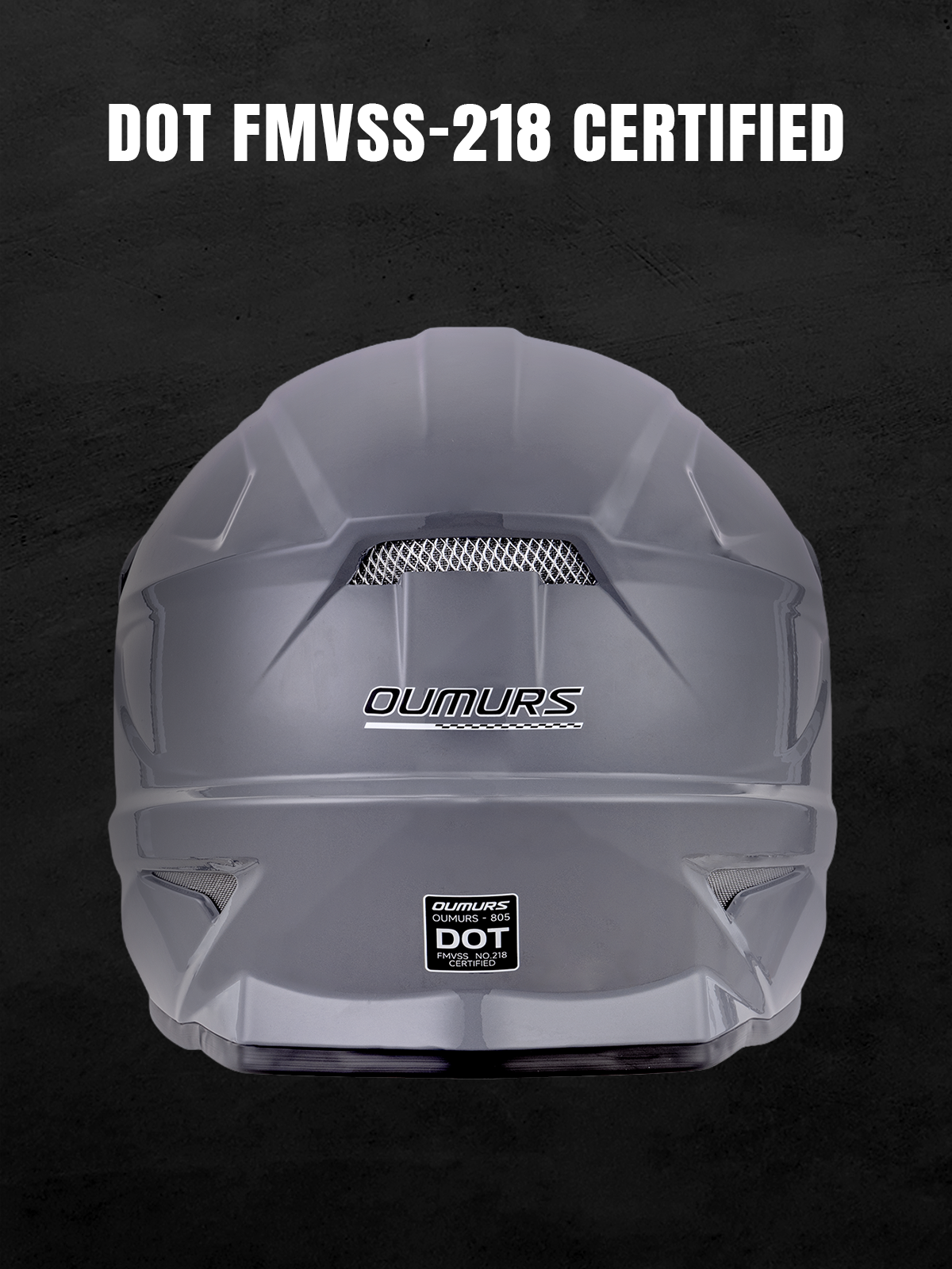 Oumurs 805 Gray off-road helmet shown from the rear, featuring the brand name and DOT FMVSS 218 certification label.