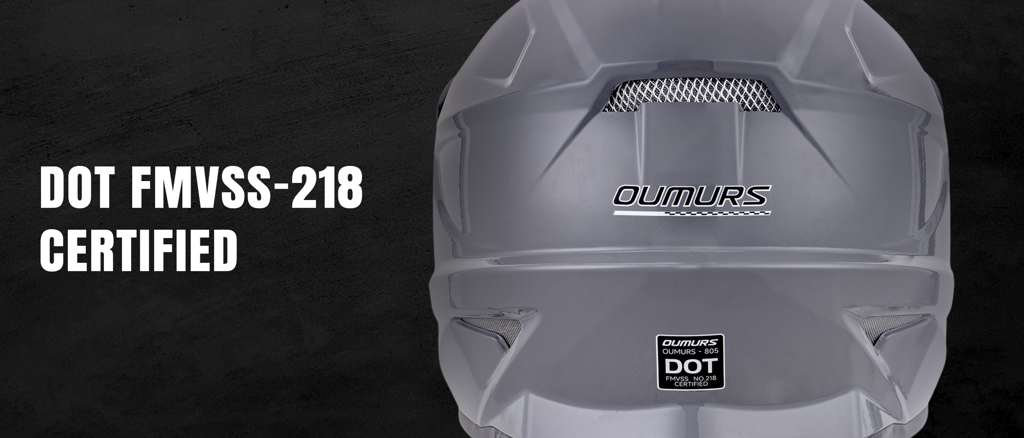 Oumurs 805 Gray off-road helmet shown from the rear, featuring the brand name and DOT FMVSS 218 certification label.