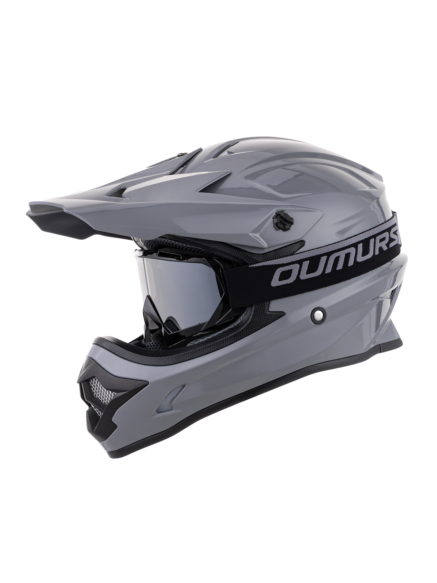 Oumurs 805 gray motocross helmet with matching goggles, left front three-quarter view