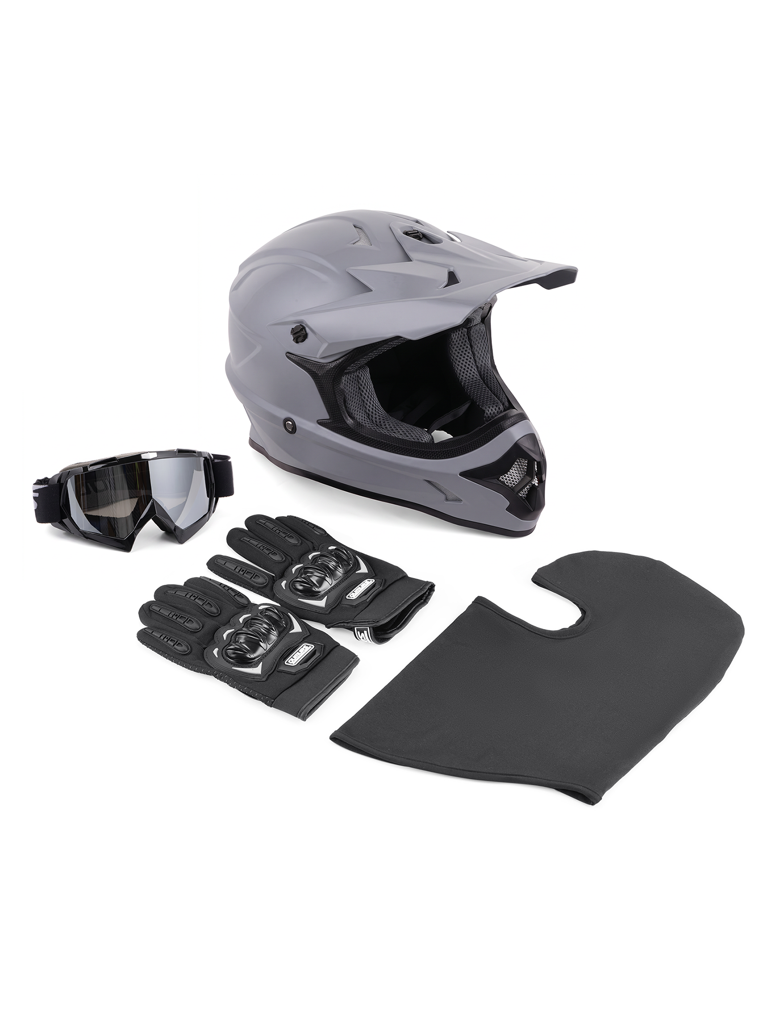 An Oumurs 805 gray motocross helmet displayed with its matching accessories, including a pair of black gloves, a pair of matching goggles, and a black balaclava.
