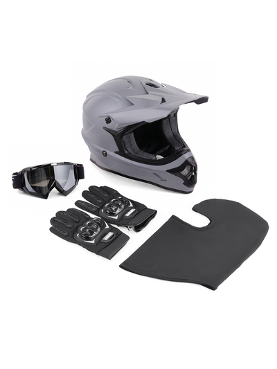 An Oumurs 805 gray motocross helmet displayed with its matching accessories, including a pair of black gloves, a pair of matching goggles, and a black balaclava.