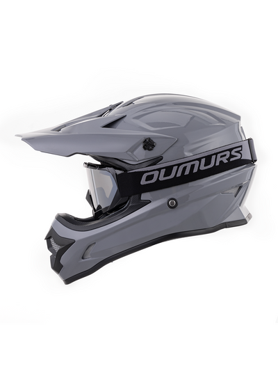 Oumurs 805 gray motocross helmet with matching goggles, left side view