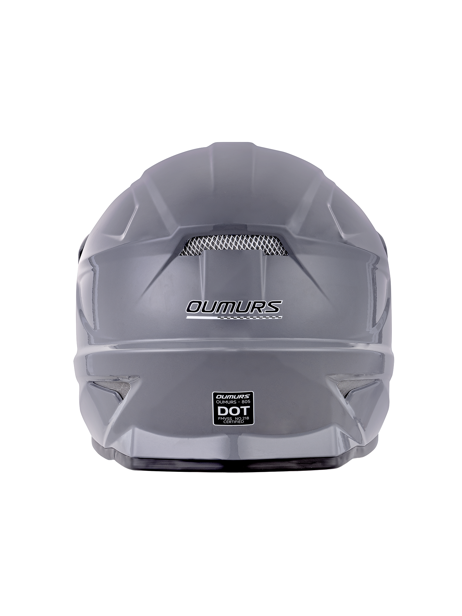 Oumurs 805 gray off-road helmet shown from the rear, featuring the brand name and DOT FMVSS 218 certification label.