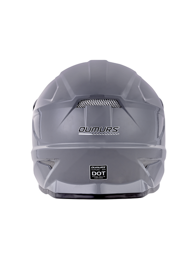 Oumurs 805 gray off-road helmet shown from the rear, featuring the brand name and DOT FMVSS 218 certification label.