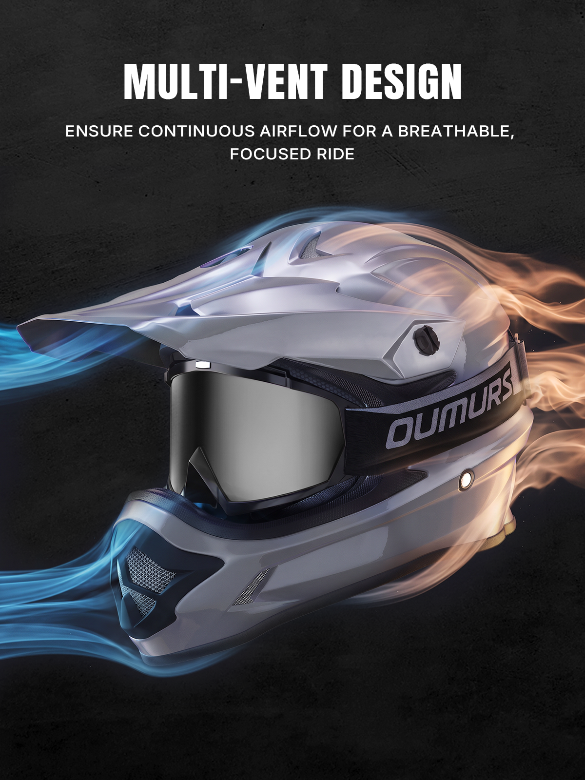 Oumurs 805 Gray off-road helmet with goggles featuring multi-vent airflow design showing fresh, cool air intake and stale air exhaust.