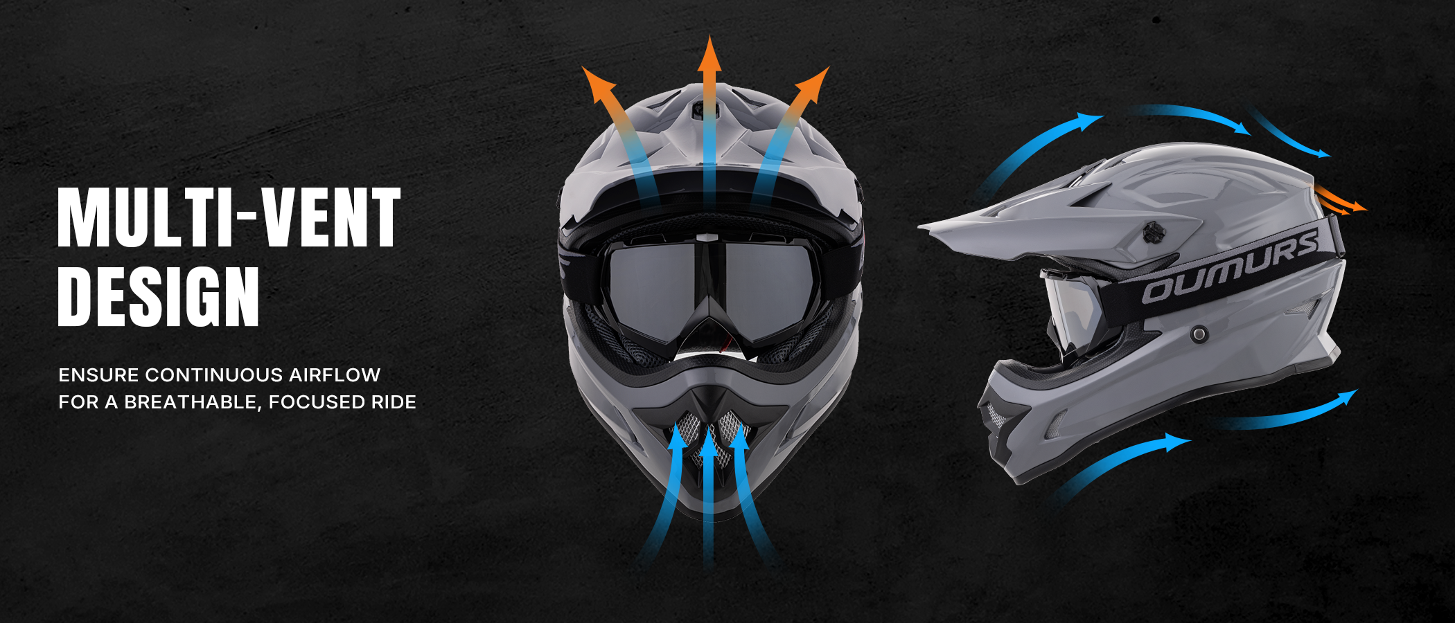 Front and side view of the Oumurs 805 Gray off-road helmet showing multi-vent design, with arrows indicating airflow entering through the front, top, and side vents and exiting the rear vent.