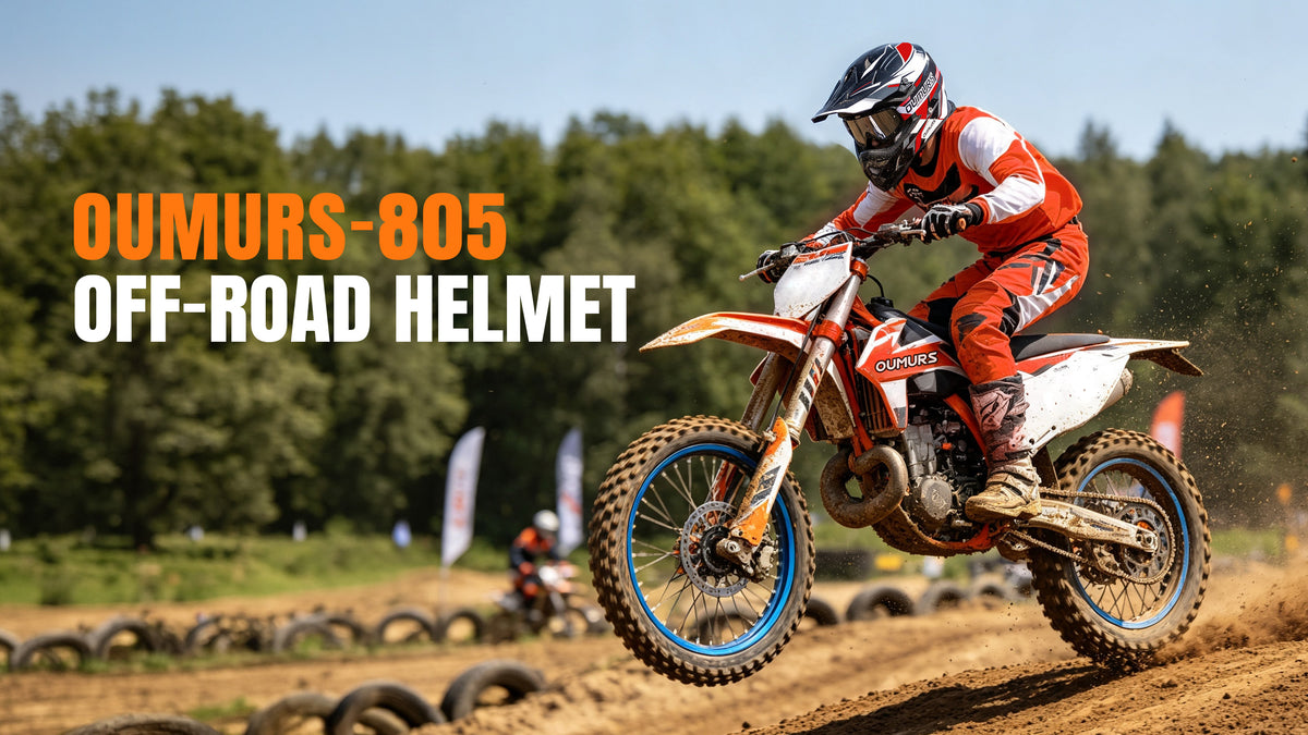 An off-road motocross helmet in use, shown on a rider wearing a red and white racing suit while riding an orange and white dirt bike on a dirt track. The text overlay reads 'OUMURS-805 OFF-ROAD HELMET'.