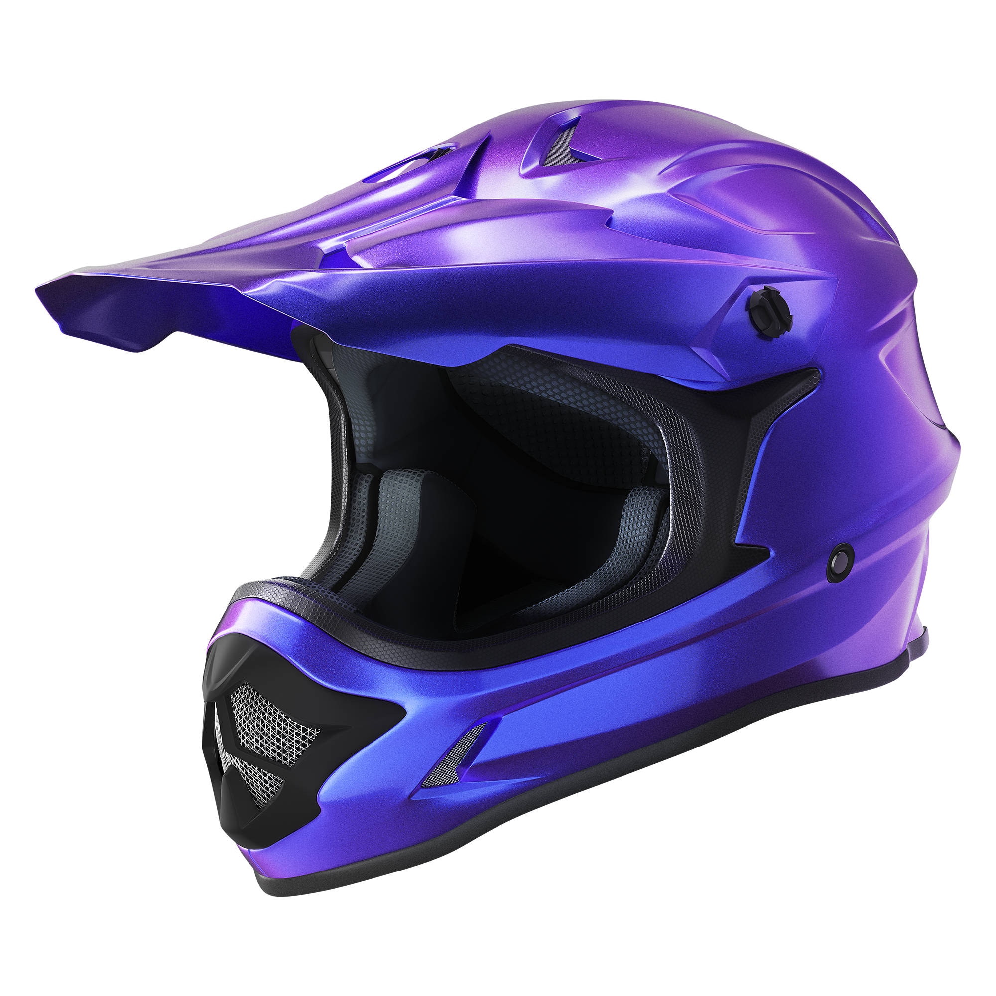 Oumurs 805 Chameleon Purple motocross helmet in purple-to-blue color-shift finish, left front three-quarter view