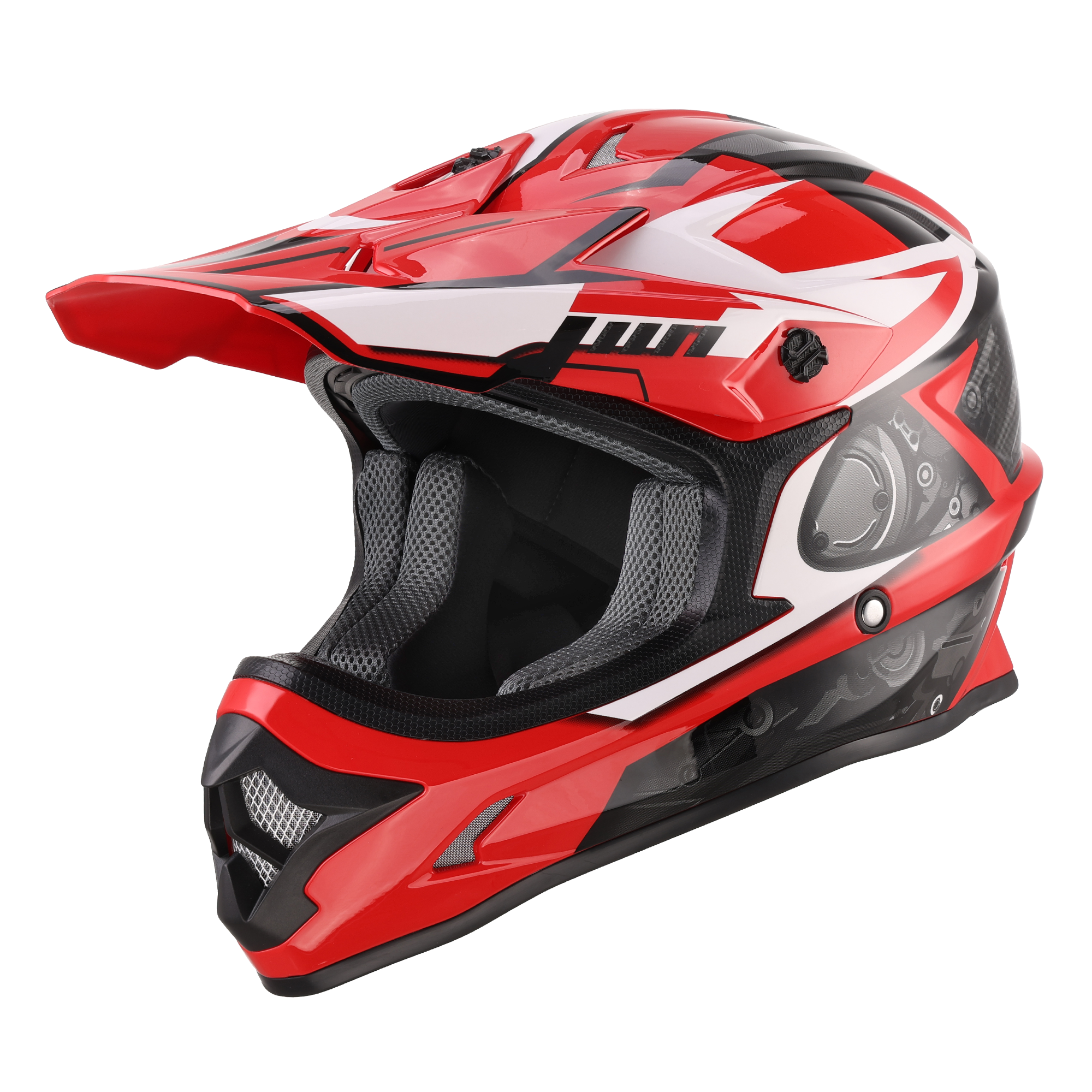 Oumurs 805 Engine Red motocross helmet, left front three-quarter view