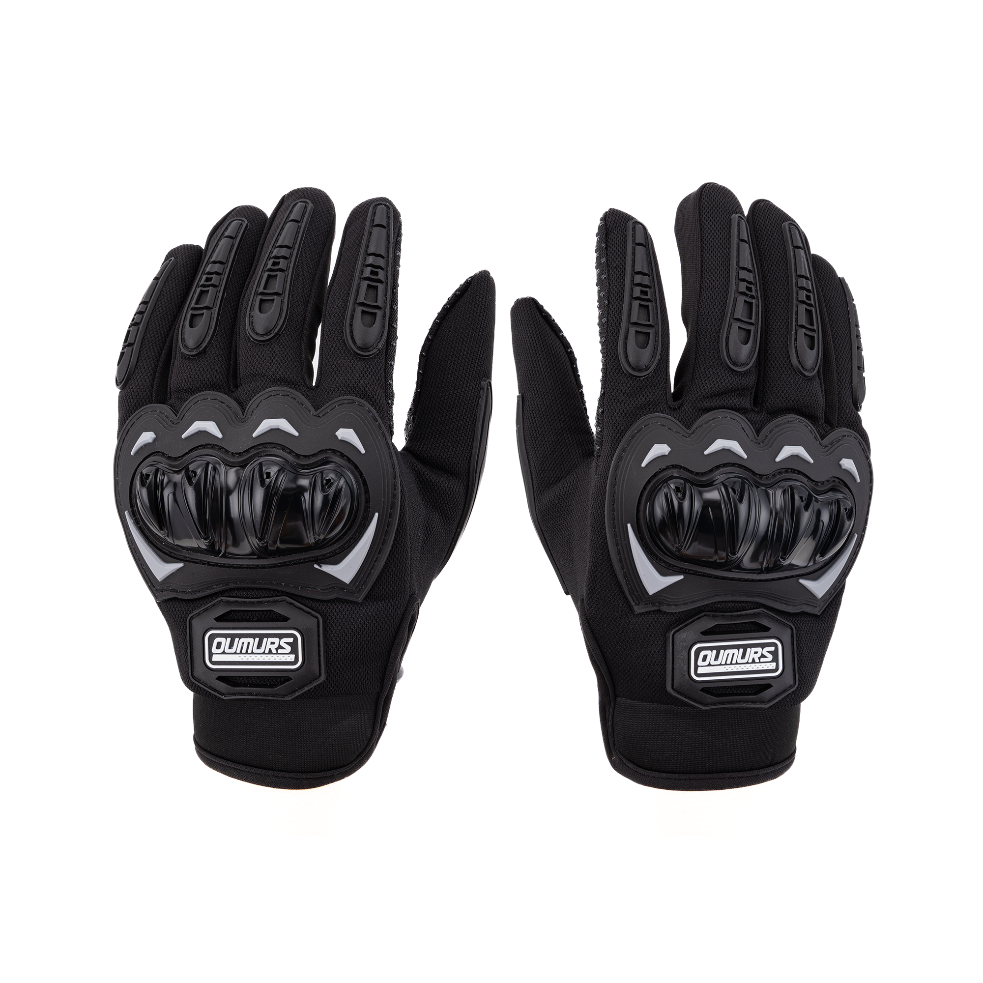 A pair of black protective motorcycle gloves with gray and black knuckle protection and the 'Oumurs' brand logo.