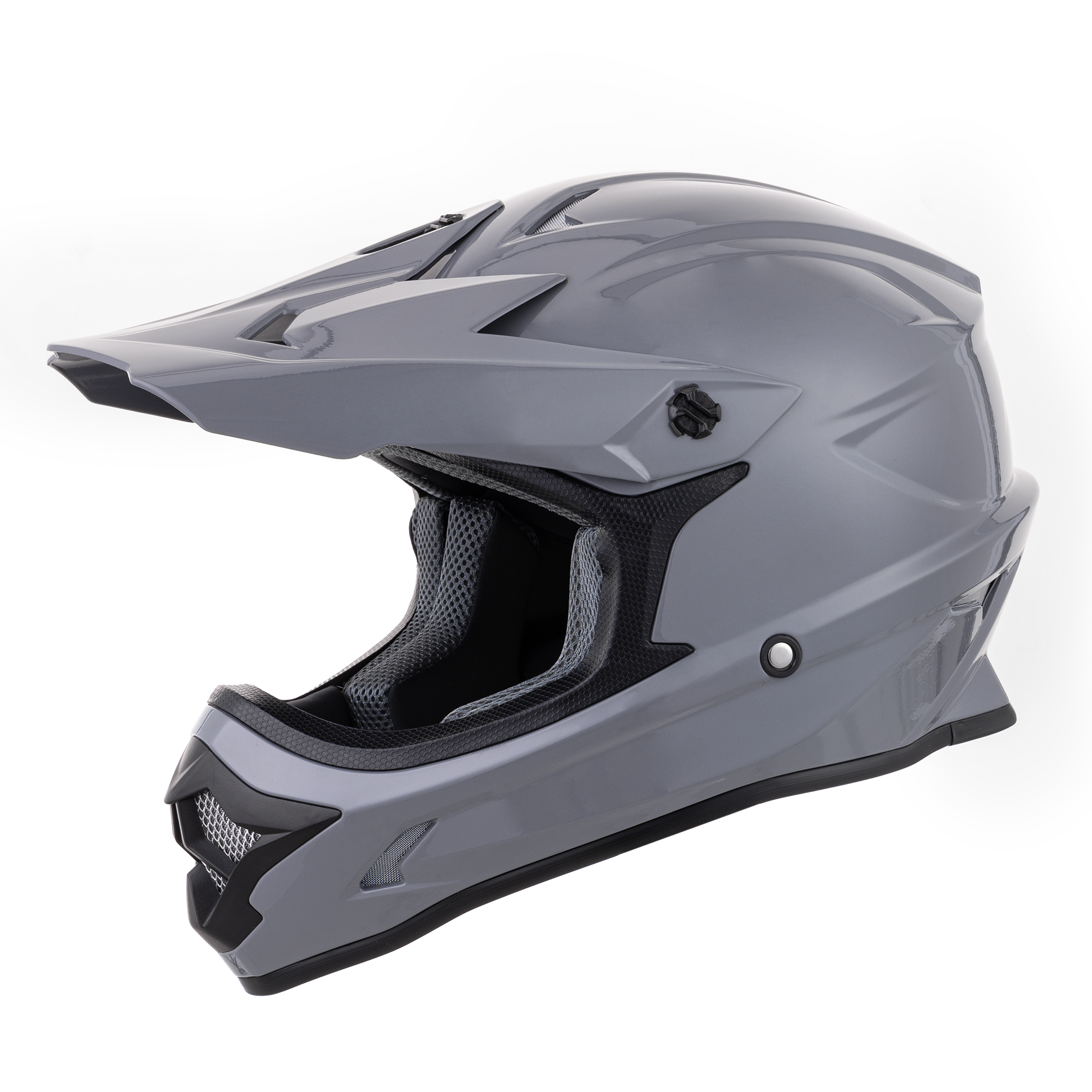 Oumurs 805 Gray motocross helmet, left front three-quarter view