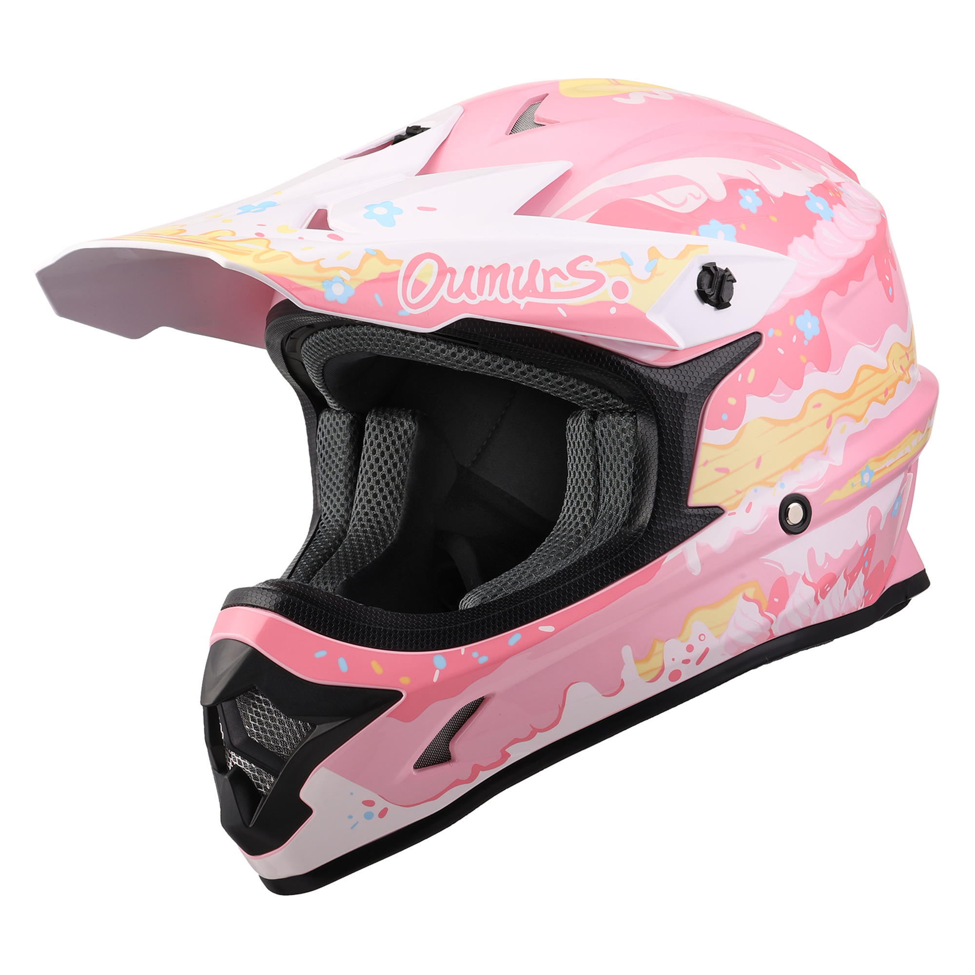 Oumurs 805 pink motocross helmet, left front three-quarter view