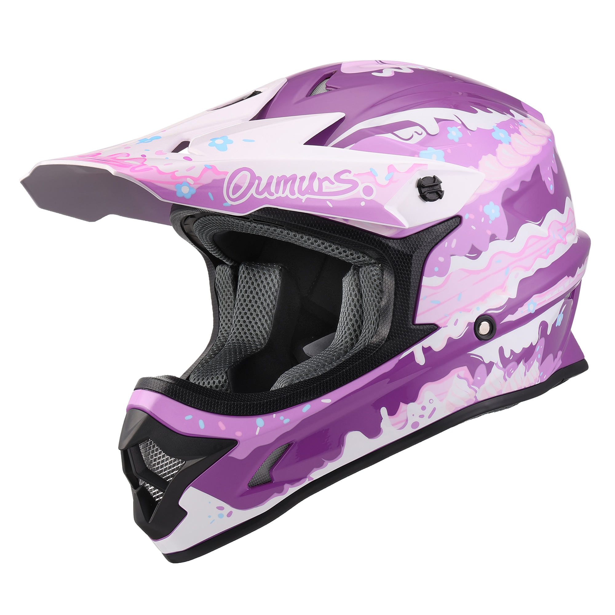 Oumurs 805 purple motocross helmet, left front three-quarter view