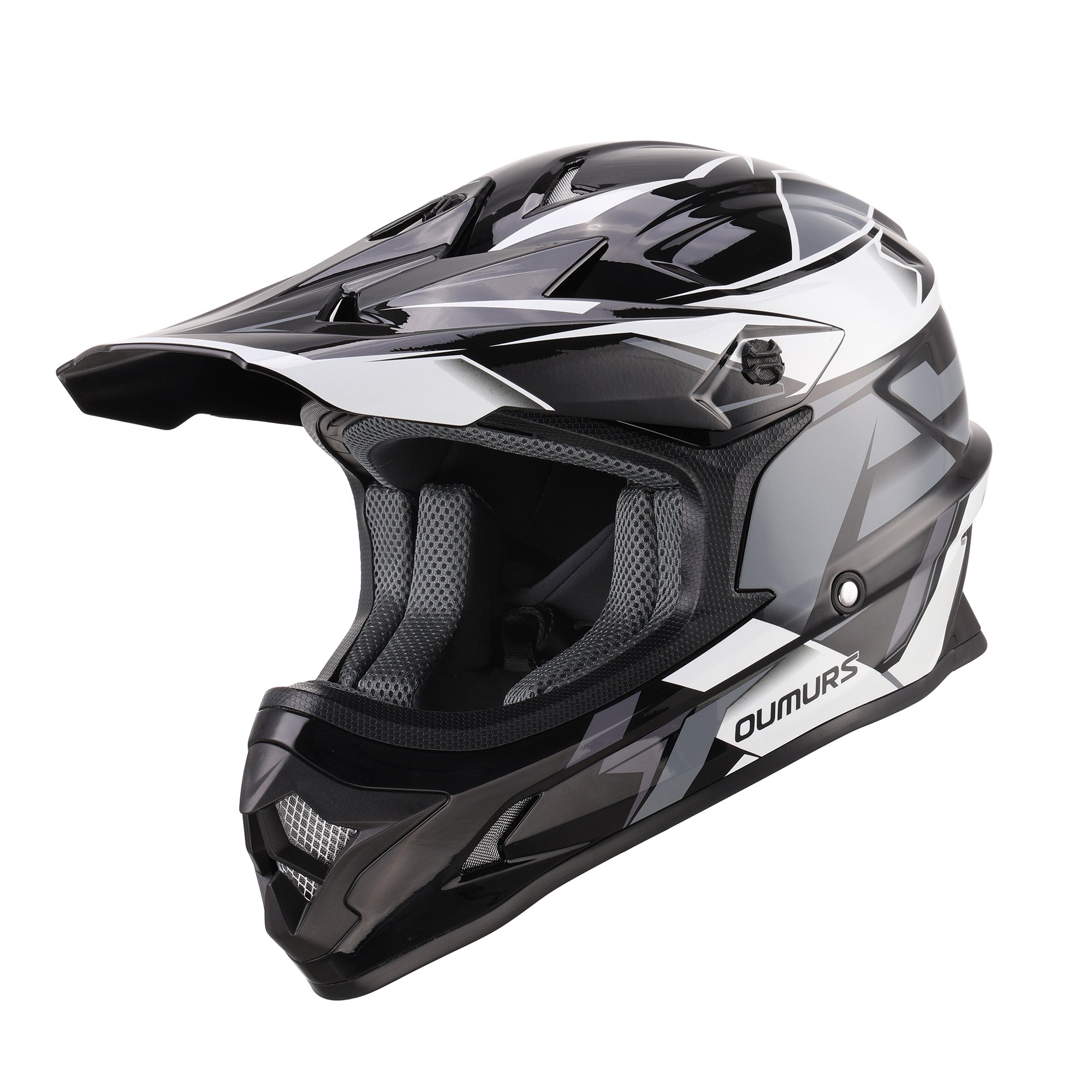 Oumurs 805 Victory Gray motocross helmet, left front three-quarter view