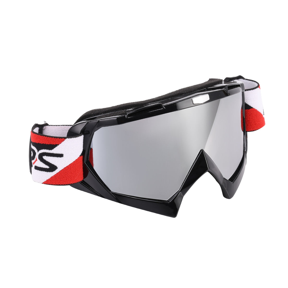 Black motocross goggles with a silver mirrored lens, featuring a white and red adjustable strap with a black logo.