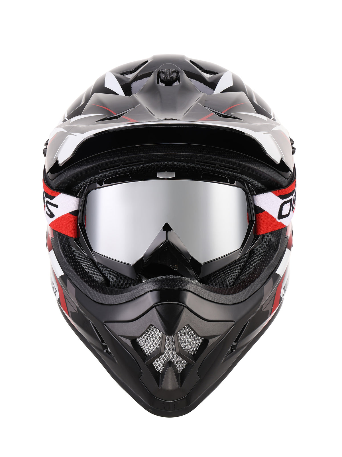 A full-face motocross helmet in black, white, and red, featuring a clear visor with a silver reflective tint, shown against a plain white background.