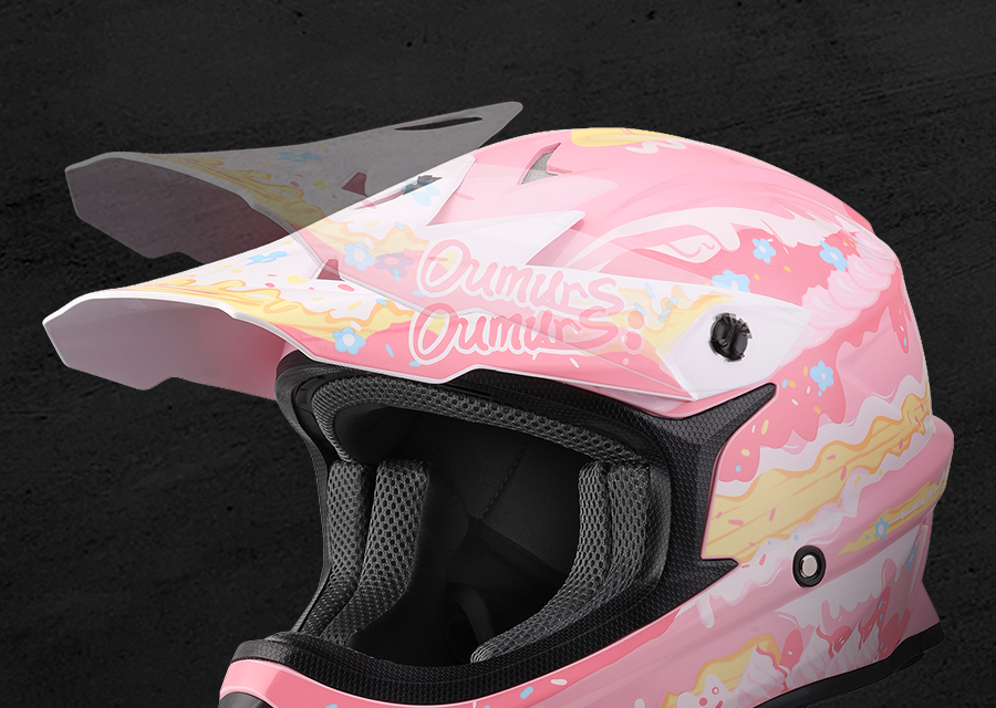 Close-up of the Oumurs 805 Pink off-road helmet's adjustable peak lifted at an different angle.