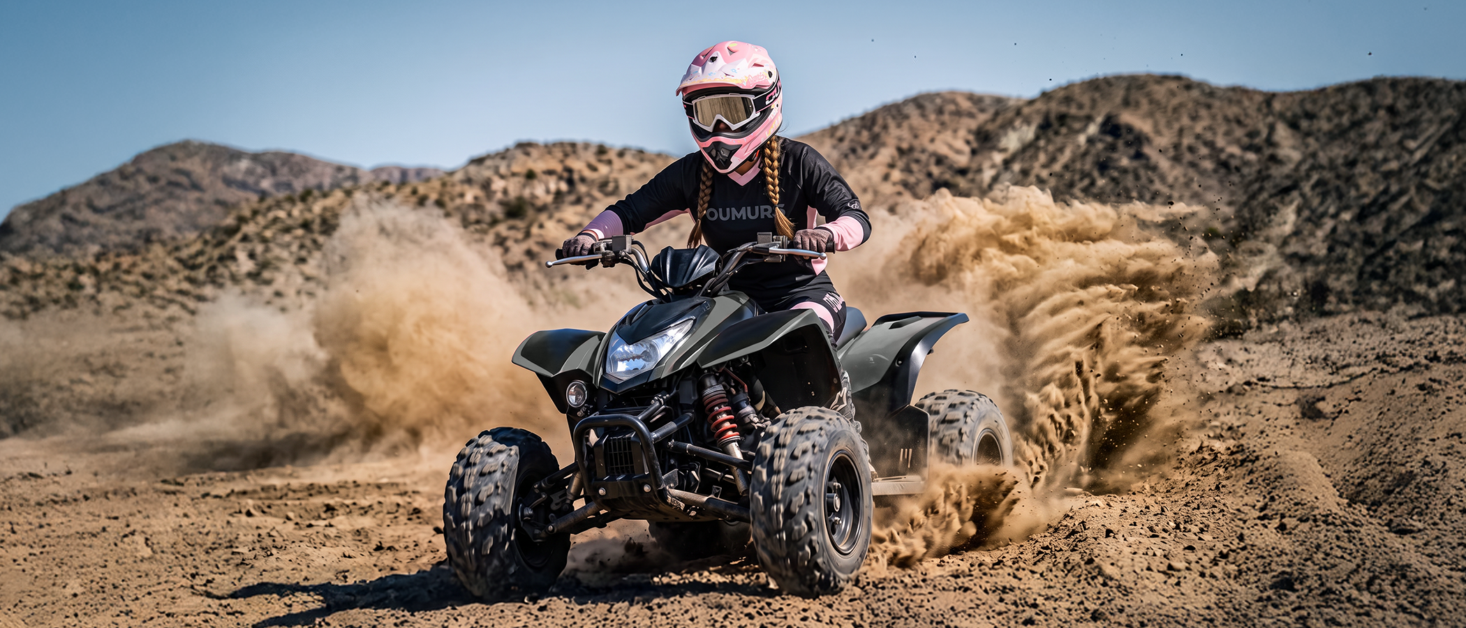 A woman wearing an Oumurs 805 Pink off-road helmet rides an ATV through the desert while kicking up dust.