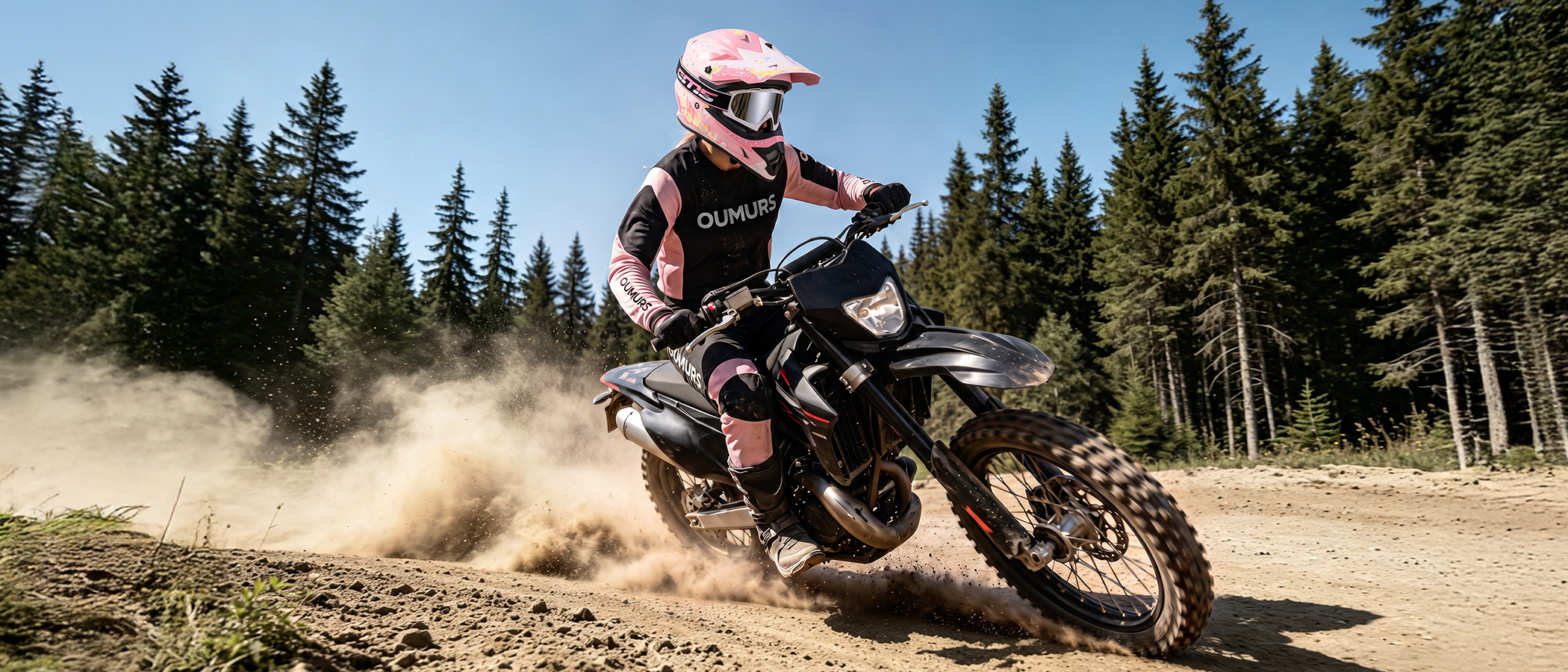 A rider wearing an Oumurs 805 Pink off-road helmet maneuvers a dirt bike kicking up dust on a forest trail.