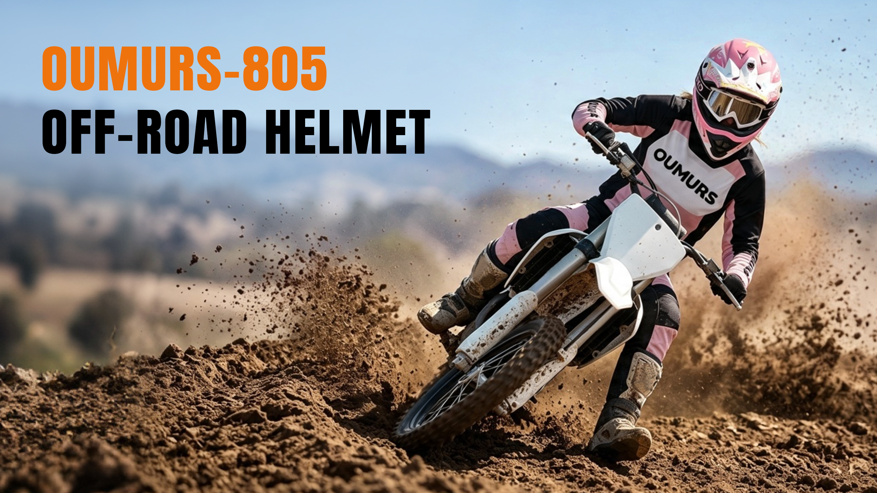 A motocross rider wearing an OUMURS-805 Pink off-road helmet leans into a turn on a dirt bike while kicking up dirt on a track. 