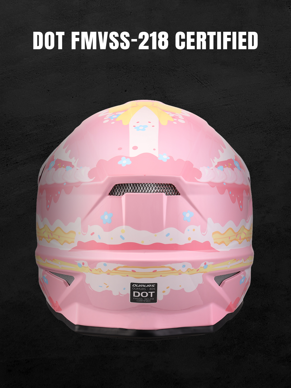 Oumurs 805 Pink off-road helmet shown from the rear, featuring the brand name and DOT FMVSS 218 certification label.