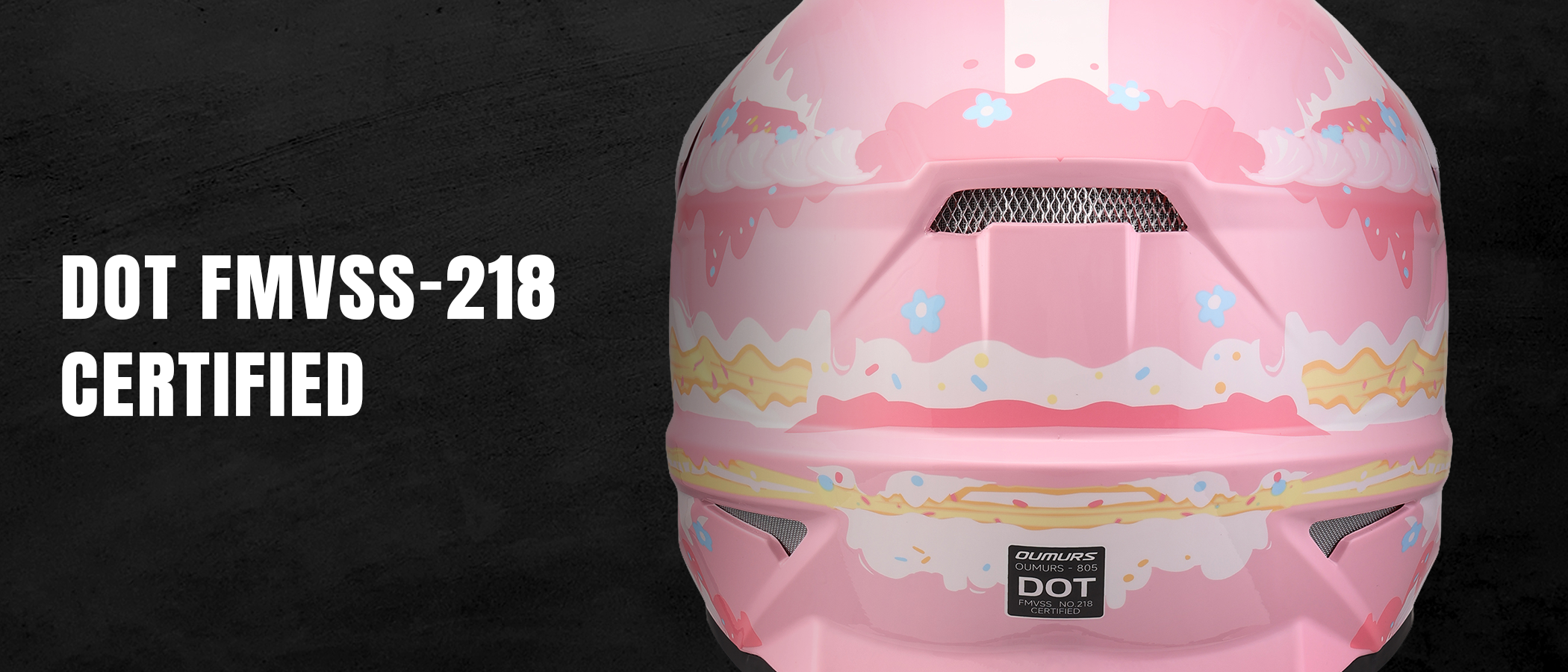 Oumurs 805 Pink off-road helmet shown from the rear, featuring the brand name and DOT FMVSS 218 certification label.