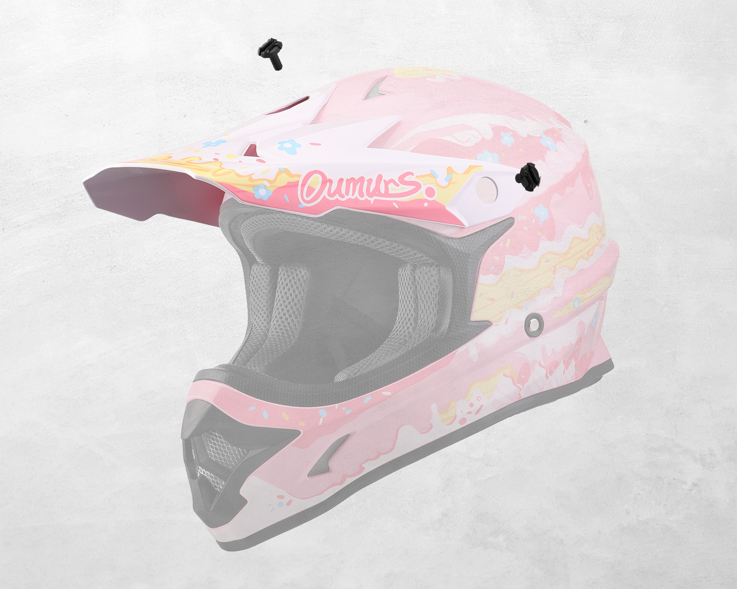 The Oumurs 805 Pink off-road helmet's peak shown detached with mounting screws.