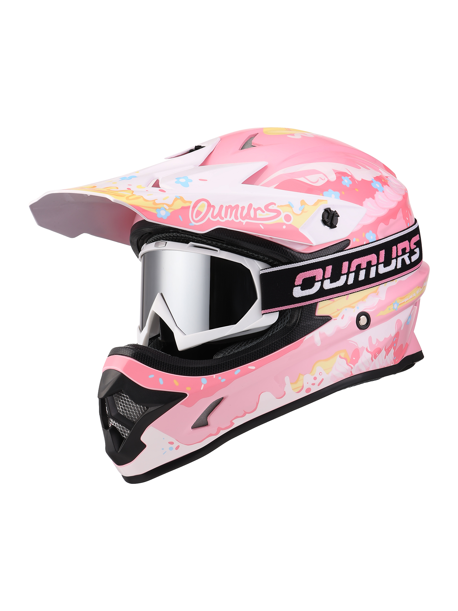 Oumurs 805 motocross helmet in pink with matching goggles, left front three-quarter view